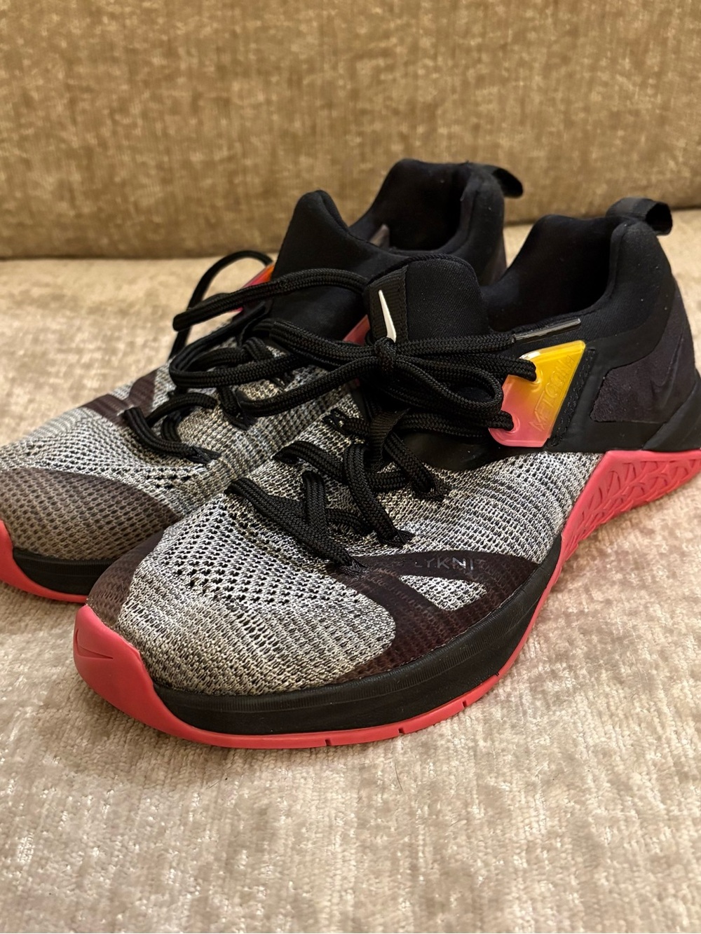 Nike Women's Metcon  Fly Knit Training Sneakers with Pink and Yellow Accents
061